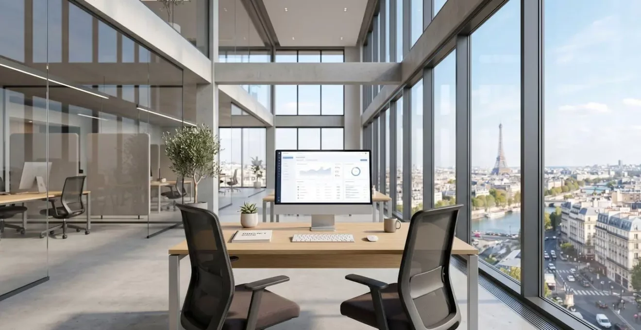 Bureau d'entreprise contemporain avec lumière naturelle abondante, espace de travail épuré avec écran d'ordinateur affichant des données floues