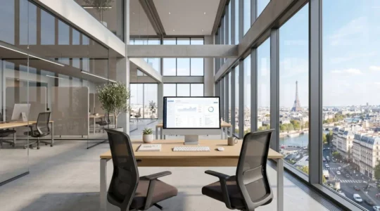 Bureau d'entreprise contemporain avec lumière naturelle abondante, espace de travail épuré avec écran d'ordinateur affichant des données floues