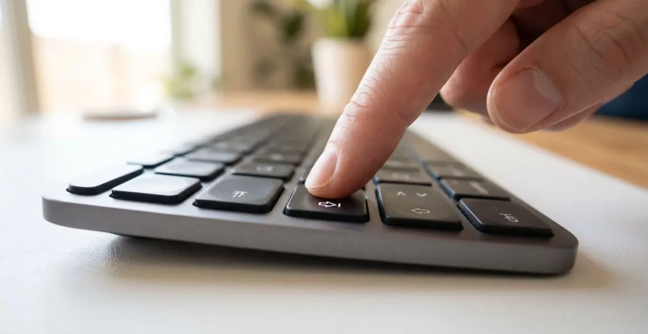Extreme close-up sur main tapant sur clavier d'ordinateur moderne avec focus sur les touches, arrière-plan flouté