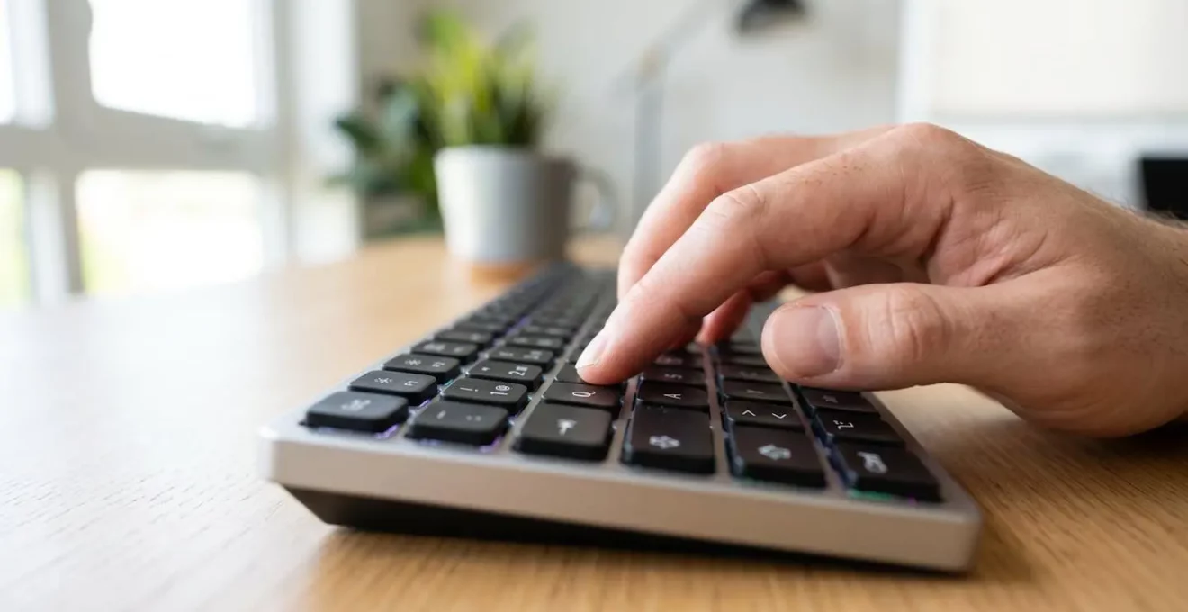 Extreme close-up sur main tapant sur clavier d'ordinateur moderne avec focus sur les touches, arrière-plan flouté