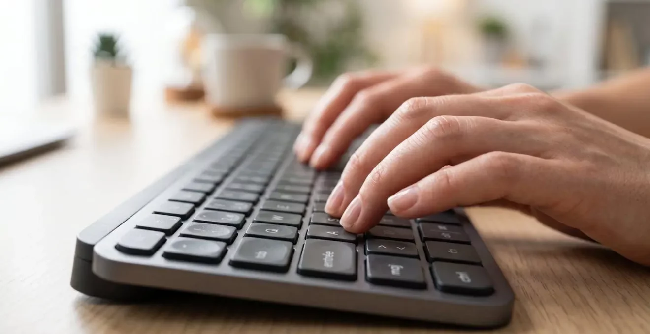 Gros plan sur des mains tapant sur un clavier d'ordinateur moderne avec mise au point sélective et arrière-plan flouté