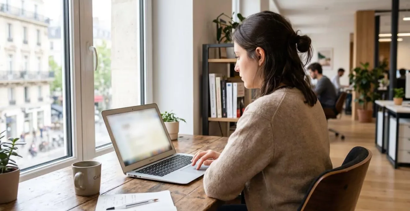 Personne vue de profil travaillant sur ordinateur portable dans un bureau contemporain lumineux avec écran volontairement flouté