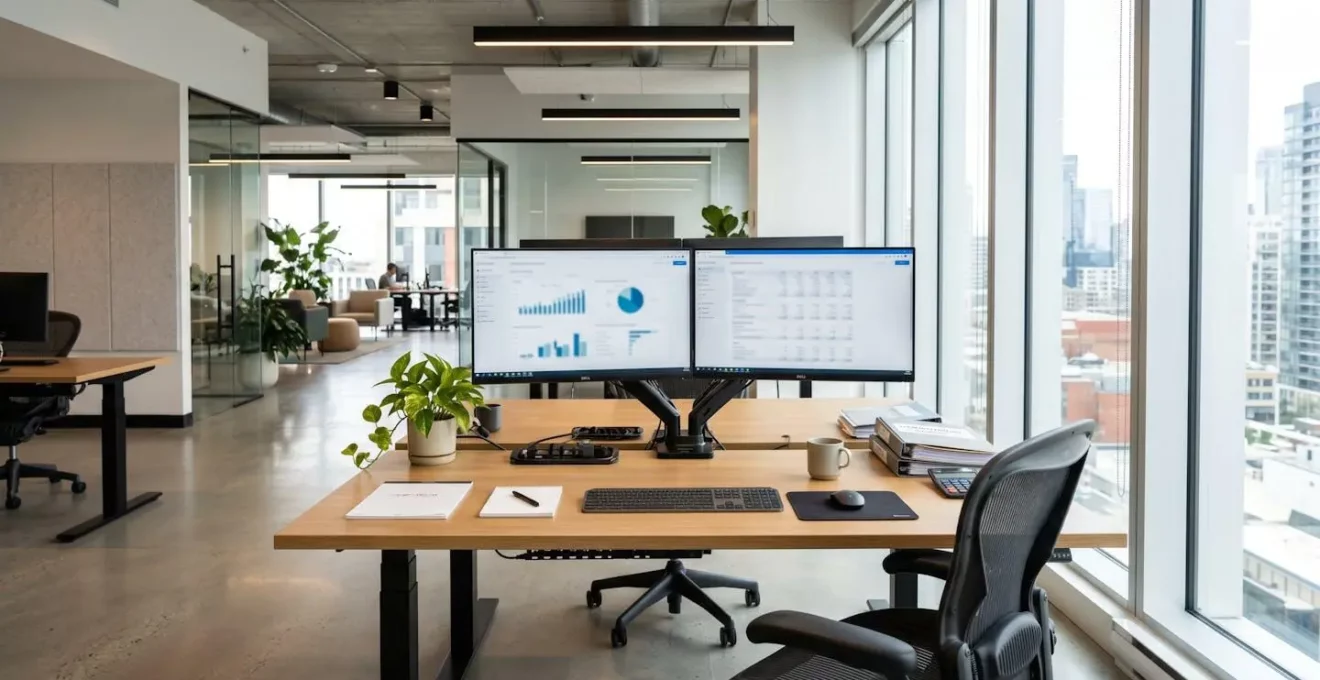 Poste de travail comptable moderne avec double écran, clavier et agenda papier sur bureau épuré et lumineux, aucune personne visible