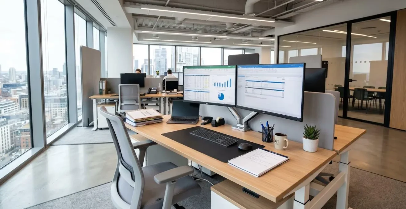 Poste de travail comptable moderne avec double écran, clavier et agenda papier sur bureau épuré et lumineux, aucune personne visible