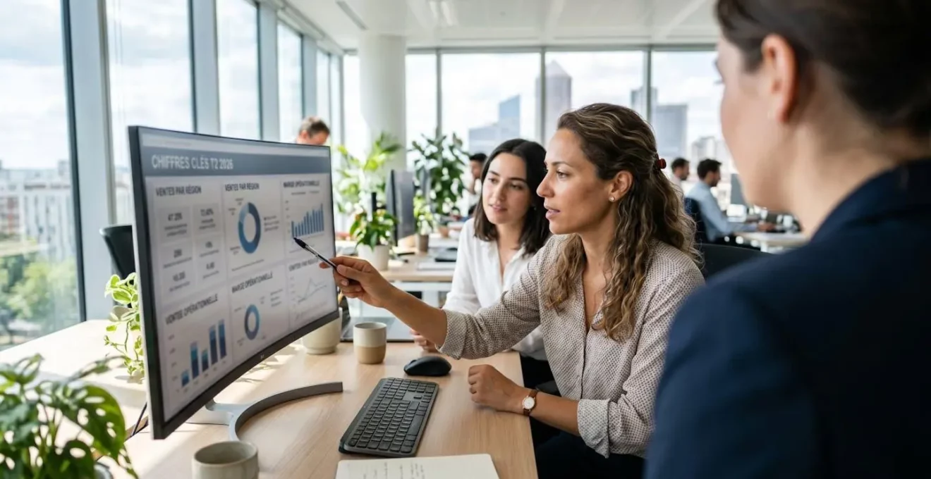 Deux professionnels en open space moderne consultant ensemble un tableau de bord financier sur écran, vue de dos, interaction naturelle de travail