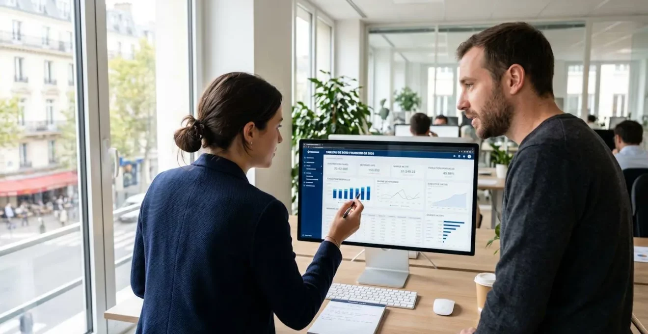 Deux professionnels en open space moderne consultant ensemble un tableau de bord financier sur écran, vue de dos, interaction naturelle de travail