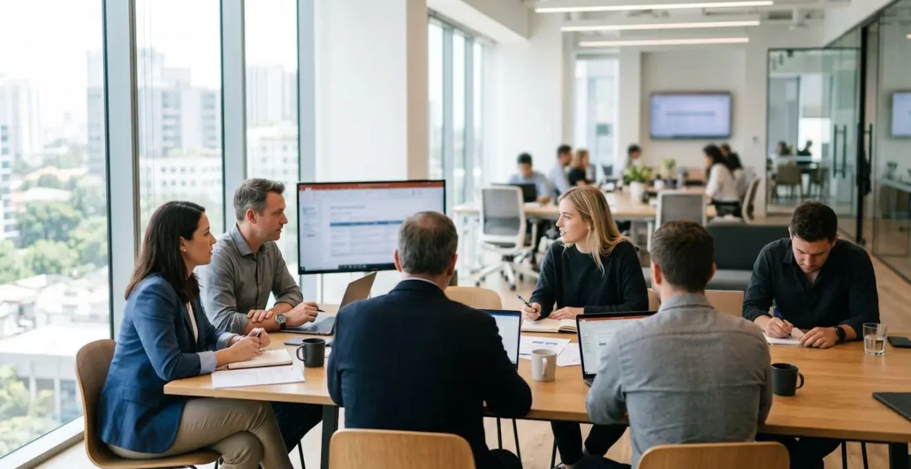 Équipe en réunion de travail dans bureau contemporain avec lumière naturelle, personnes vues de dos ou de profil discutant autour d'une table