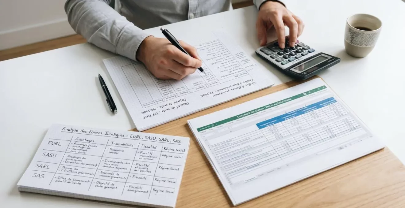 Bureau avec business plan manuscrit, tableau comparatif de statuts juridiques, calculatrice et main d'entrepreneur analysant les prévisions financières pour choisir sa structure