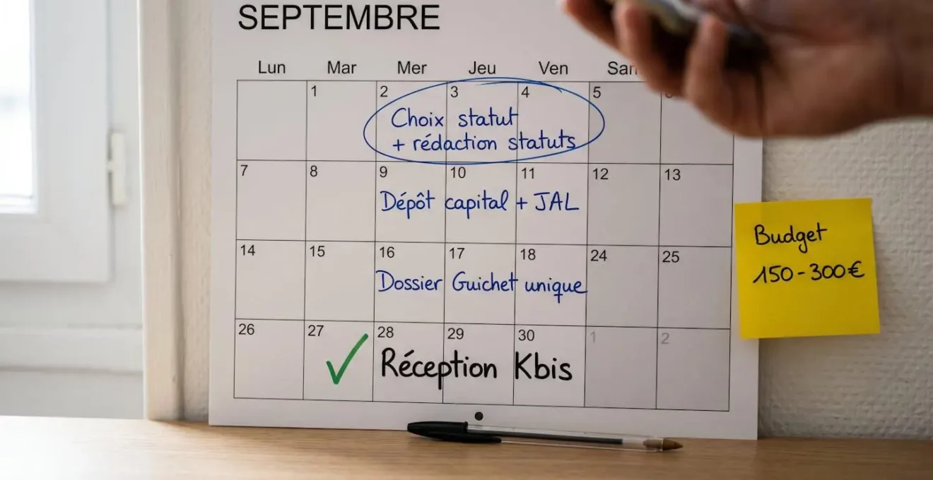 Calendrier mensuel français avec annotations manuscrites des 4 semaines de création d'entreprise : choix du statut, dépôt capital, dossier Guichet unique et réception Kbis