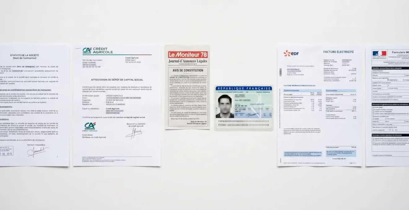 Ensemble organisé de documents administratifs français pour création d'entreprise : statuts signés, attestation de dépôt de capital, attestation JAL, pièce d'identité, justificatif de domicile et formulaire M0