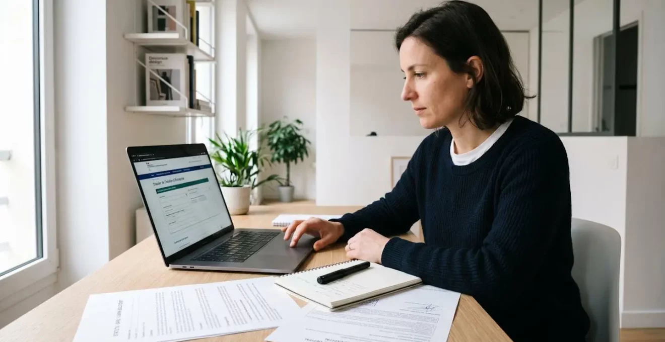 Entrepreneur français travaillant sur ordinateur portable affichant l'interface du Guichet unique INPI, entouré de documents administratifs de création d'entreprise, dans un bureau contemporain lumineux
