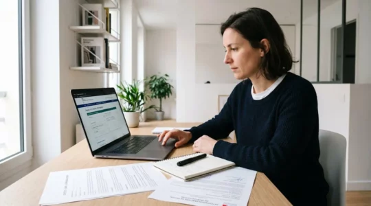 Entrepreneur français travaillant sur ordinateur portable affichant l'interface du Guichet unique INPI, entouré de documents administratifs de création d'entreprise, dans un bureau contemporain lumineux