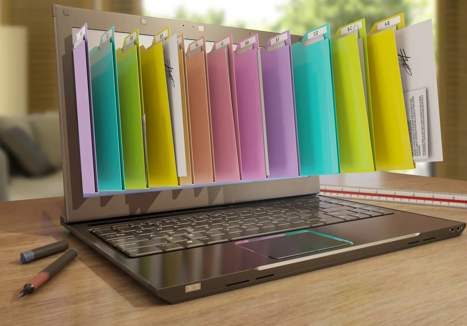 Professionnelle consultant un dossier de recouvrement dans un système d'archivage organisé d'entreprise française
